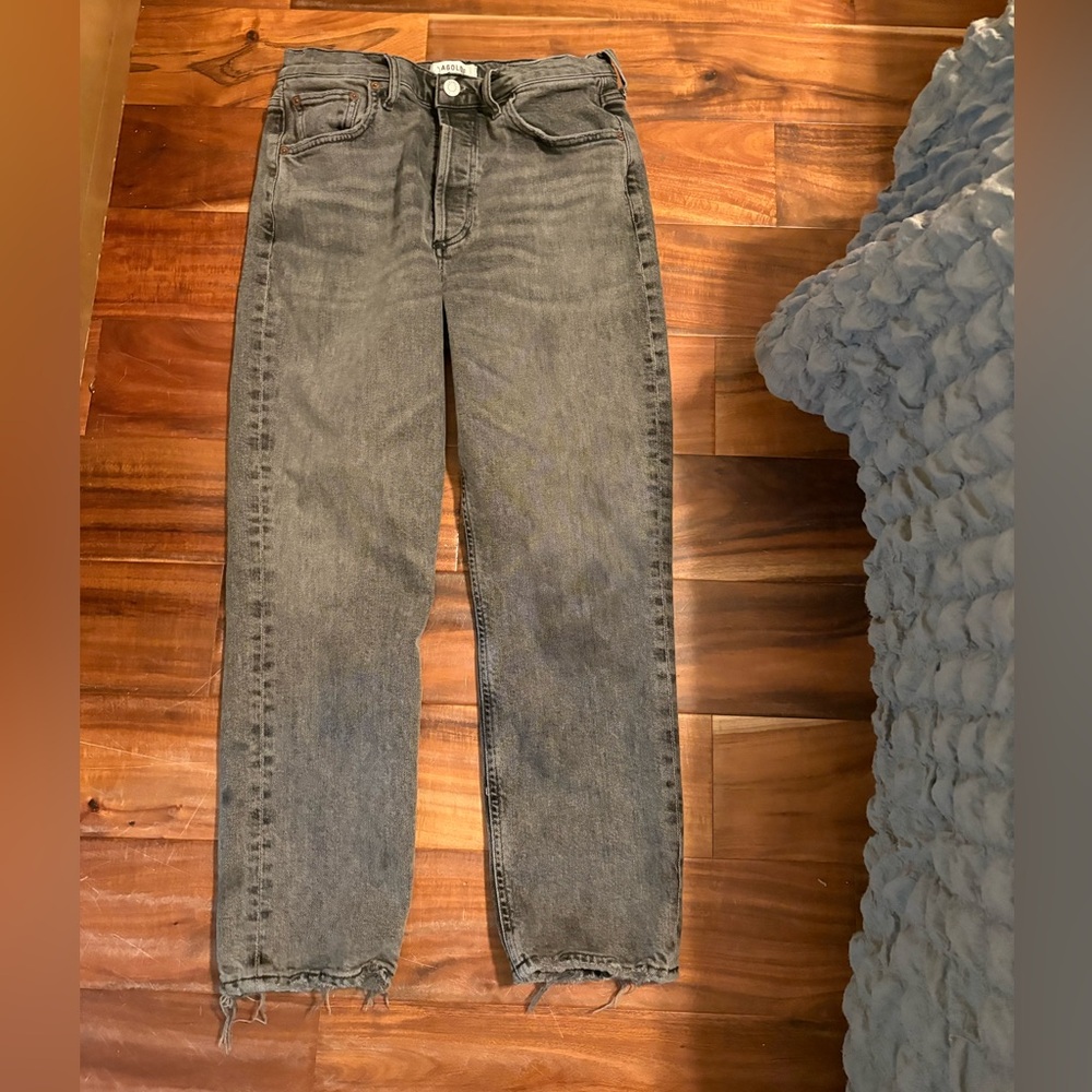 AGOLDE Riley High‎ Rise Straight Jeans Size 28 Washed Black Raw Hem (0439)